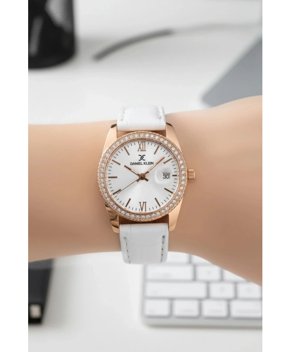 Deri Kordon Çelik Kasa Kadın Kol Saati+Bileklik Hediyeli Beyaz-Rose sddk107