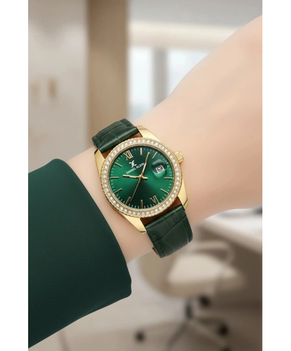Deri Kordon Çelik Kasa Kadın Kol Saati+Bileklik Hediyeli Yeşil-Gold sddk107