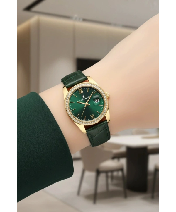 Deri Kordon Çelik Kasa Kadın Kol Saati+Bileklik Hediyeli Yeşil-Gold sddk107