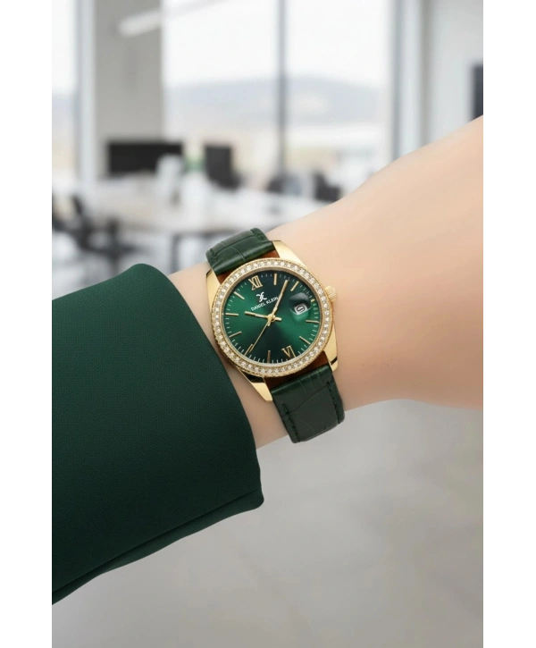 Deri Kordon Çelik Kasa Kadın Kol Saati+Bileklik Hediyeli Yeşil-Gold sddk107