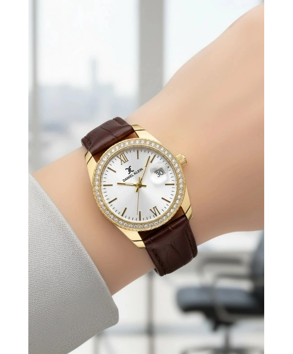 Deri Kordon Çelik Kasa Kadın Kol Saati+Bileklik Hediyeli Kahve-Gold sddk107