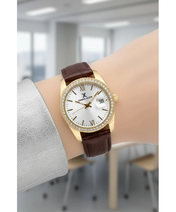 Deri Kordon Çelik Kasa Kadın Kol Saati+Bileklik Hediyeli Kahve-Gold sddk107