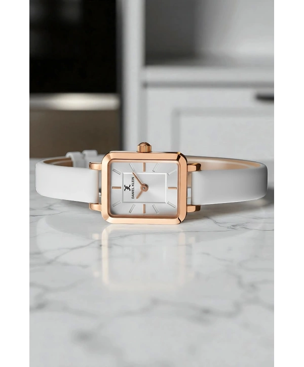Deri Kordon Çelik Kasa Kadın Kol Saati+Bileklik Hediyeli Beyaz-Rose sddk108