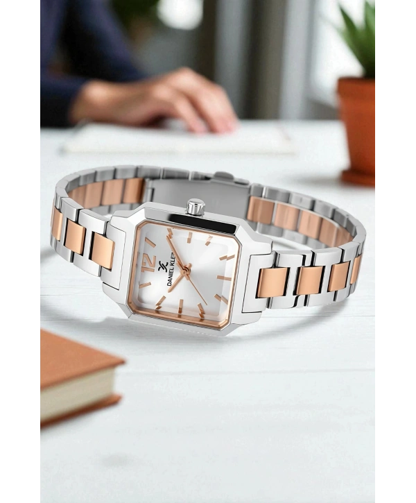 Çelik Kordon&Kasa Kadın Kol Saati+Bileklik Hediyeli Gümüş-Rose sddk110