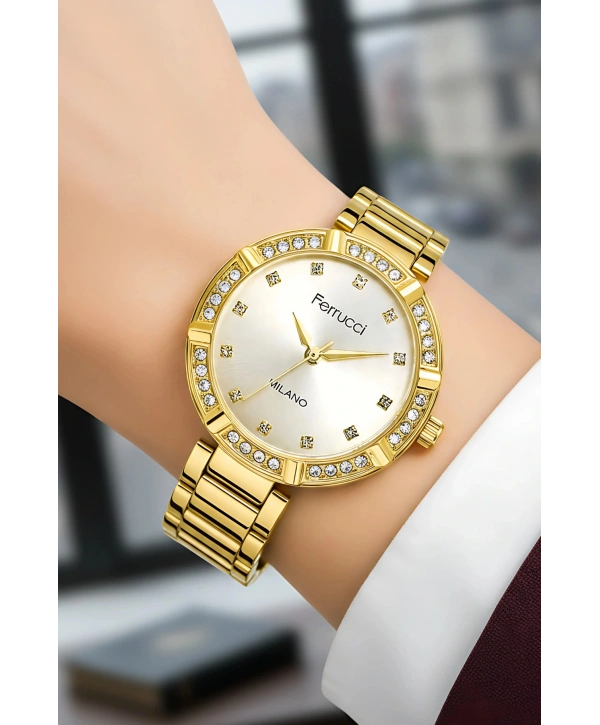 Çelik Kordon Taşlı Kasa Kadın Kol Saati Gold sdfer183