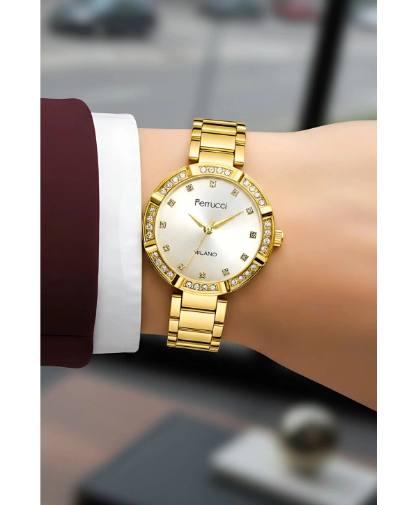 Çelik Kordon Taşlı Kasa Kadın Kol Saati Gold sdfer183