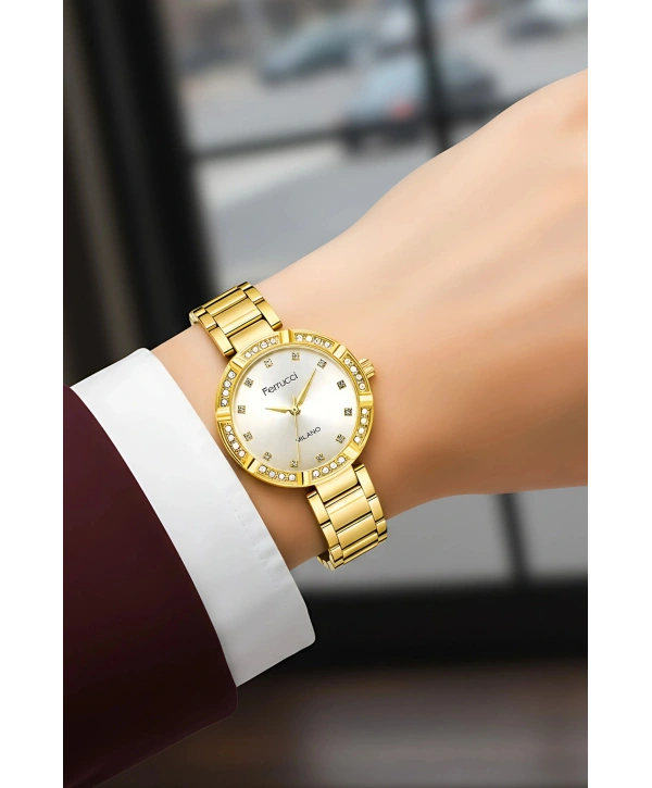 Çelik Kordon Taşlı Kasa Kadın Kol Saati Gold sdfer183