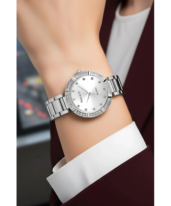 Çelik Kordon Taşlı Kasa Kadın Kol Saati Gümüş sdfer183
