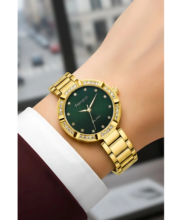 Çelik Kordon Taşlı Kasa Kadın Kol Saati Gold Yeşil sdfer183