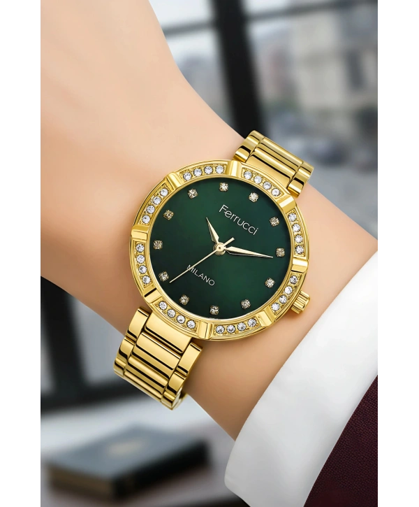 Çelik Kordon Taşlı Kasa Kadın Kol Saati Gold Yeşil sdfer183