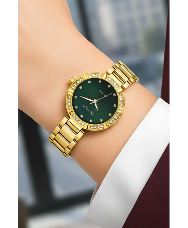 Çelik Kordon Taşlı Kasa Kadın Kol Saati Gold Yeşil sdfer183