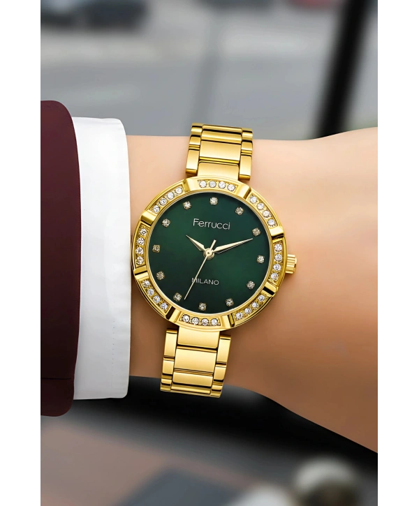 Çelik Kordon Taşlı Kasa Kadın Kol Saati Gold Yeşil sdfer183