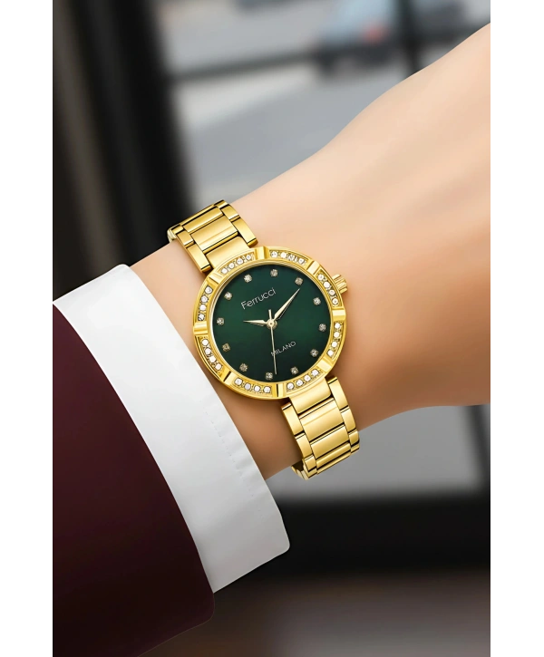 Çelik Kordon Taşlı Kasa Kadın Kol Saati Gold Yeşil sdfer183