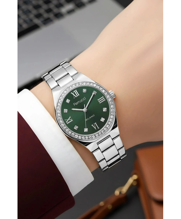 Çelik Kordon Çelik Kasa Kadın Kol Saati Gümüş-Yeşil sdfer185
