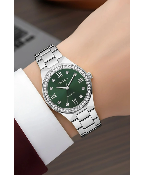 Çelik Kordon Çelik Kasa Kadın Kol Saati Gümüş-Yeşil sdfer185