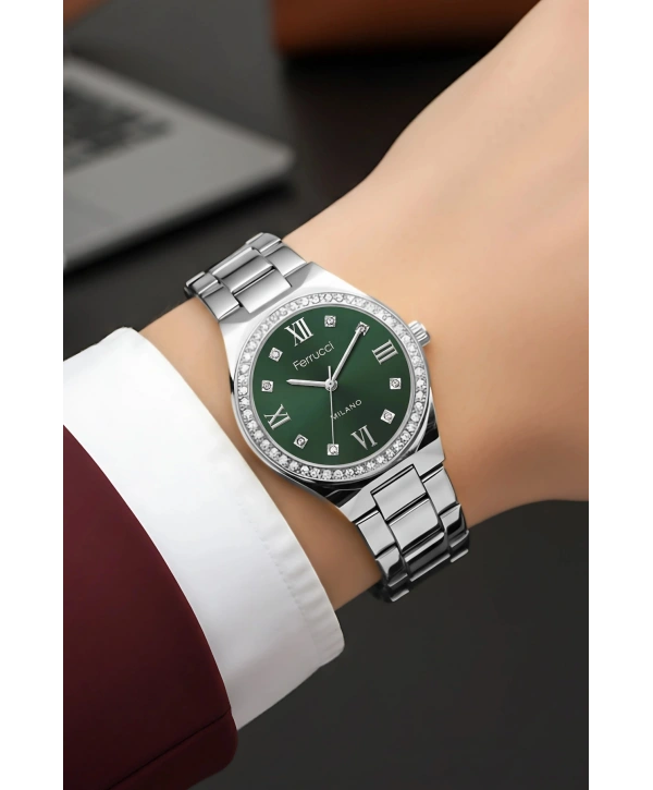 Çelik Kordon Çelik Kasa Kadın Kol Saati Gümüş-Yeşil sdfer185
