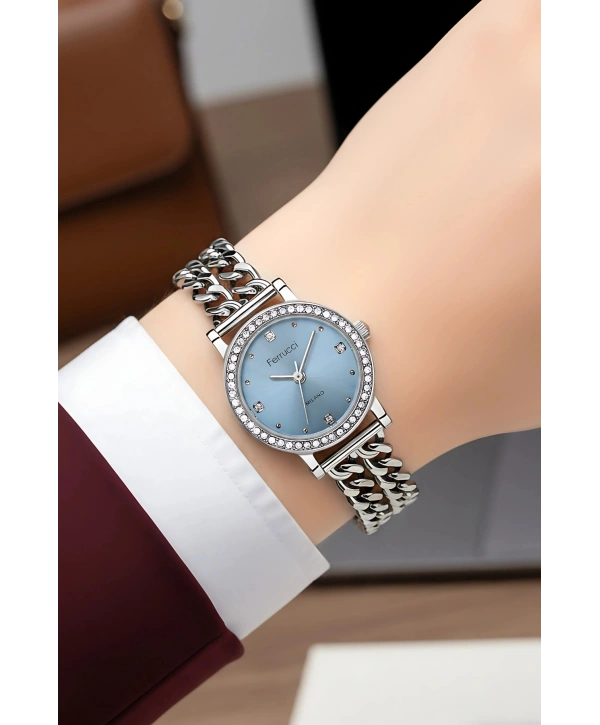 Çelik Zincir Kordon Çelik Kasa Kadın Kol Saati Gümüş-Mavi sdfer186
