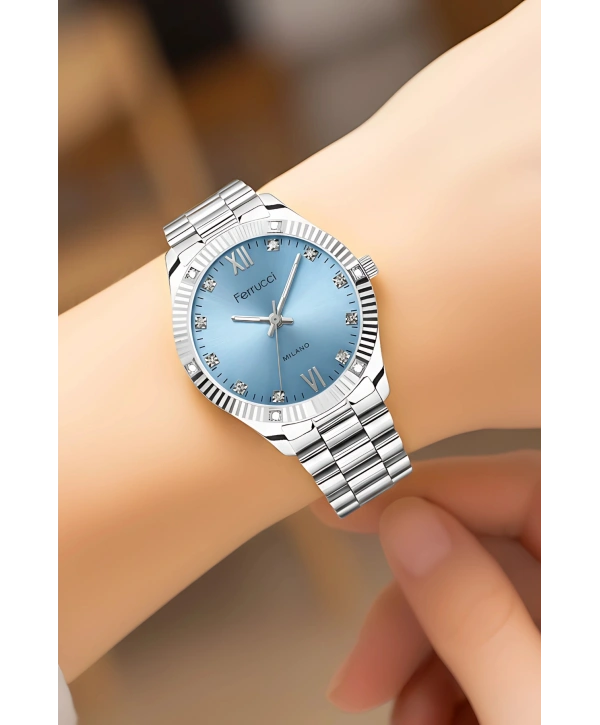 Çelik Kordon Çelik Kasa Kadın Kol Saati Gümüş-Mavi sdfer188