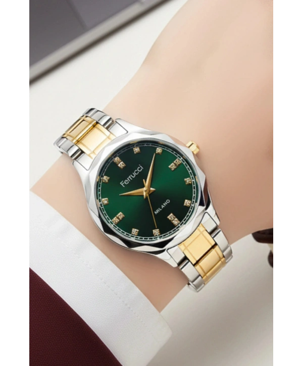 Çelik Kordon Çelik Kasa Kadın Kol Saati Gümüş-Gold-Yeşil sdfer191