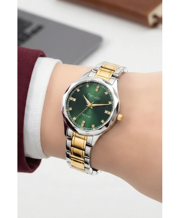 Çelik Kordon Çelik Kasa Kadın Kol Saati Gümüş-Gold-Yeşil sdfer191