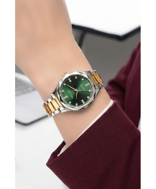 Çelik Kordon Çelik Kasa Kadın Kol Saati Gümüş-Gold-Yeşil sdfer191