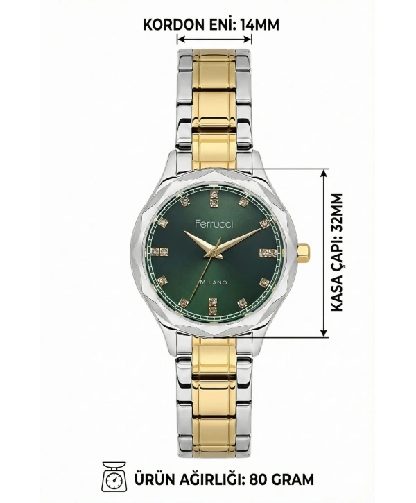 Çelik Kordon Çelik Kasa Kadın Kol Saati Gümüş-Gold-Yeşil sdfer191