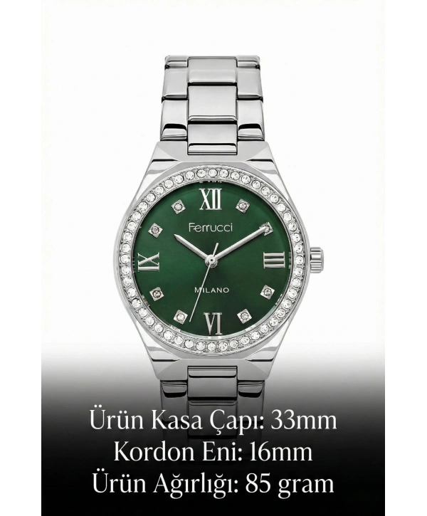 Çelik Kordon Taşlı Çelik Kasa Kadın Kol Saati Gümüş-Yeşil sdfer192