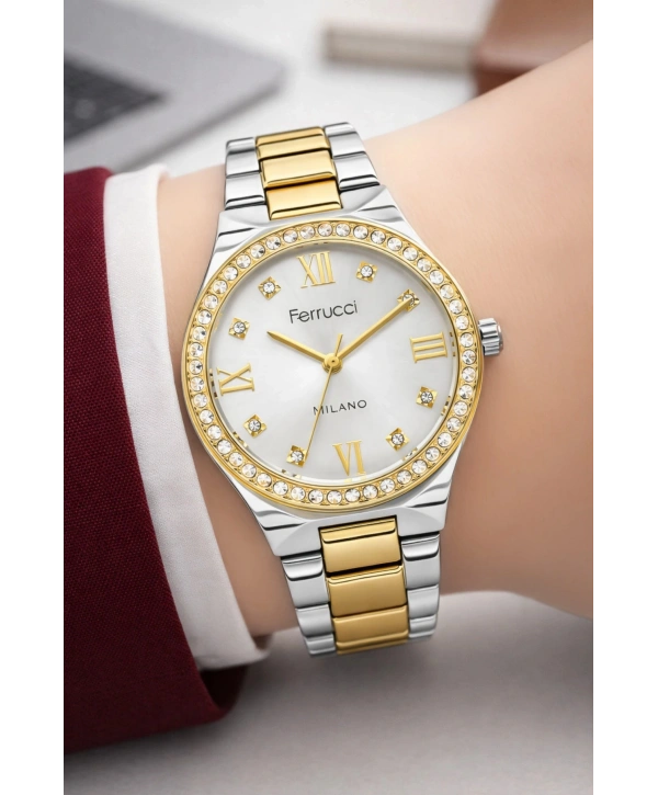 Çelik Kordon Taşlı Çelik Kasa Kadın Kol Saati Gümüş-Gold sdfer192