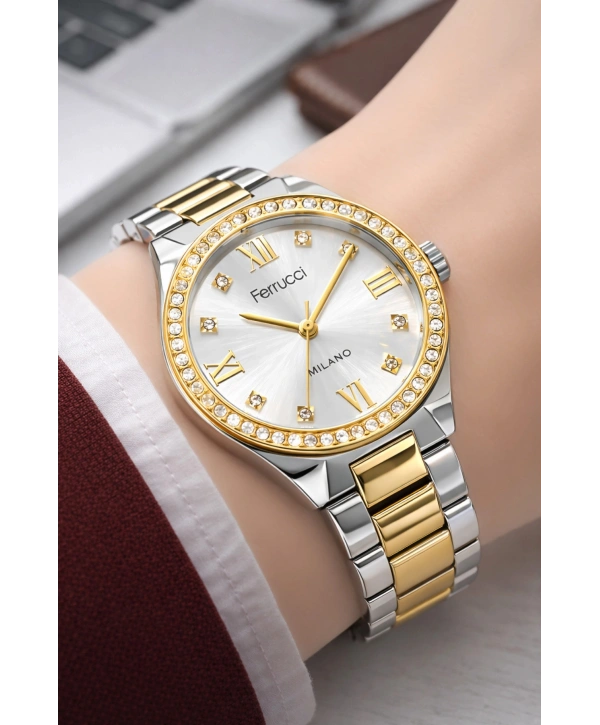 Çelik Kordon Taşlı Çelik Kasa Kadın Kol Saati Gümüş-Gold sdfer192