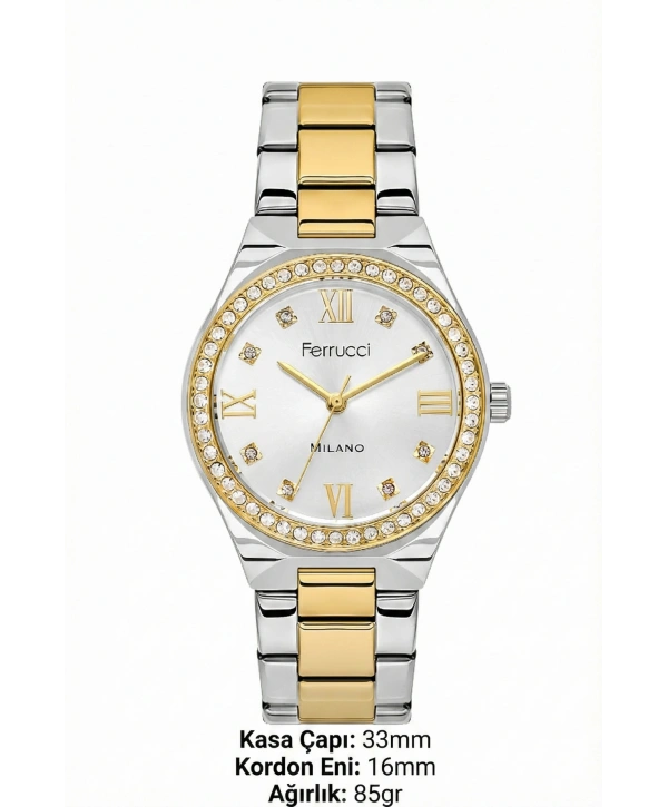 Çelik Kordon Taşlı Çelik Kasa Kadın Kol Saati Gümüş-Gold sdfer192