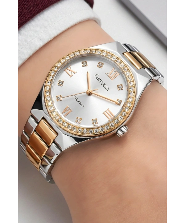 Çelik Kordon Taşlı Çelik Kasa Kadın Kol Saati Gümüş-Rose sdfer192