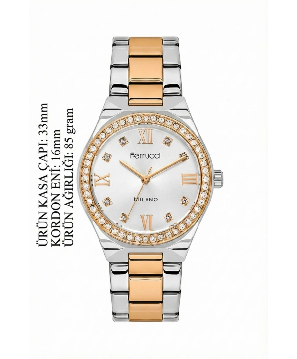 Çelik Kordon Taşlı Çelik Kasa Kadın Kol Saati Gümüş-Rose sdfer192