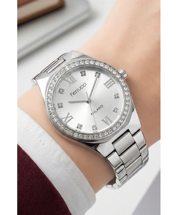 Çelik Kordon Taşlı Çelik Kasa Kadın Kol Saati Gümüş sdfer192