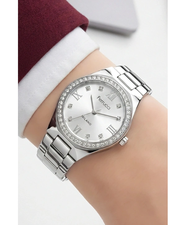 Çelik Kordon Taşlı Çelik Kasa Kadın Kol Saati Gümüş sdfer192