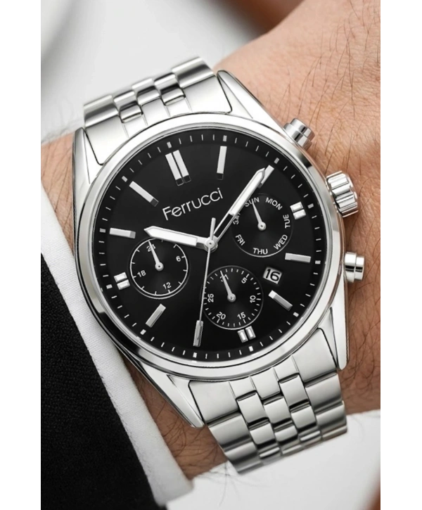 Takvimli Erkek Kol Saati Çelik Kordon Gümüş-Siyah Bileklik Hediyeli 3atm Sdfer193