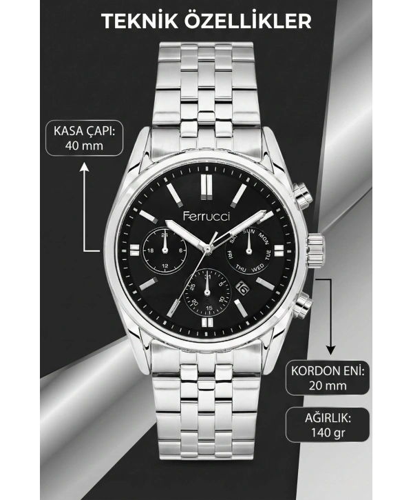 Takvimli Erkek Kol Saati Çelik Kordon Gümüş-Siyah Bileklik Hediyeli 3atm Sdfer193
