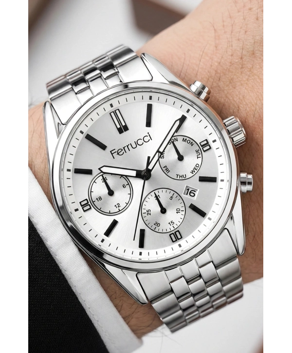 Takvimli Erkek Kol Saati Çelik Kordon Gümüş-Beyaz Bileklik Hediyeli 3atm Sdfer193