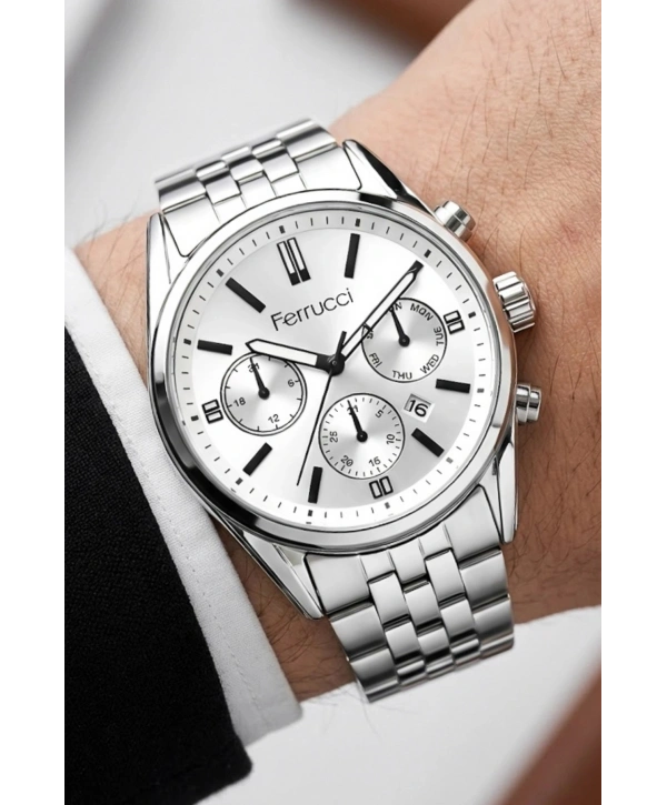 Takvimli Erkek Kol Saati Çelik Kordon Gümüş-Beyaz Bileklik Hediyeli 3atm Sdfer193