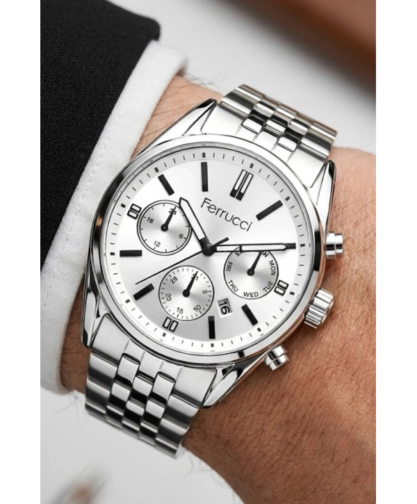 Takvimli Erkek Kol Saati Çelik Kordon Gümüş-Beyaz Bileklik Hediyeli 3atm Sdfer193