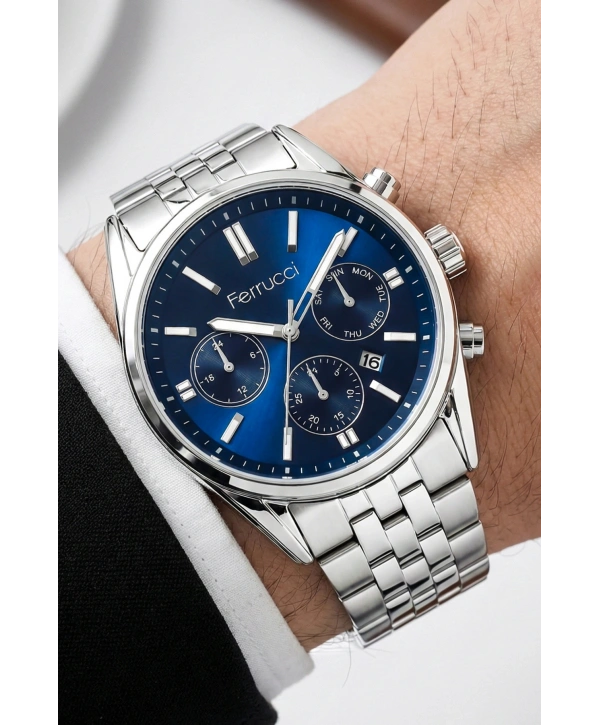 Takvimli Erkek Kol Saati Çelik Kordon Gümüş-Mavi Bileklik Hediyeli 3atm Sdfer193