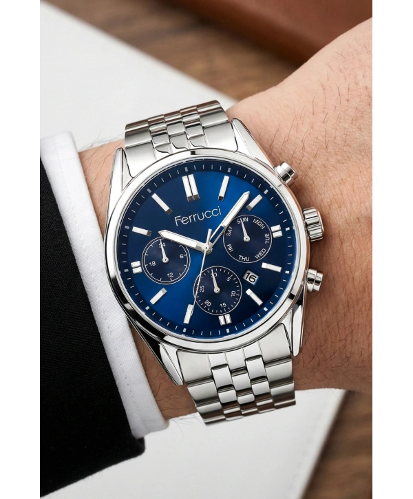 Takvimli Erkek Kol Saati Çelik Kordon Gümüş-Mavi Bileklik Hediyeli 3atm Sdfer193