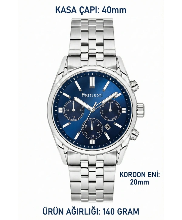 Takvimli Erkek Kol Saati Çelik Kordon Gümüş-Mavi Bileklik Hediyeli 3atm Sdfer193