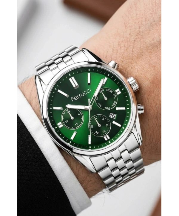 Takvimli Erkek Kol Saati Çelik Kordon Gümüş-Yeşil Bileklik Hediyeli 3atm Sdfer193