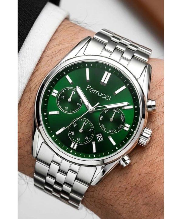 Takvimli Erkek Kol Saati Çelik Kordon Gümüş-Yeşil Bileklik Hediyeli 3atm Sdfer193