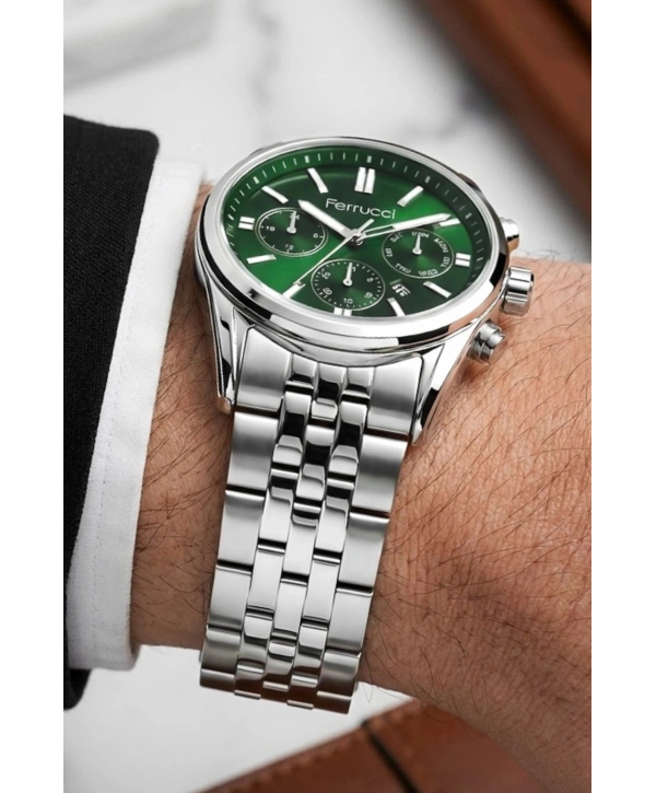 Takvimli Erkek Kol Saati Çelik Kordon Gümüş-Yeşil Bileklik Hediyeli 3atm Sdfer193