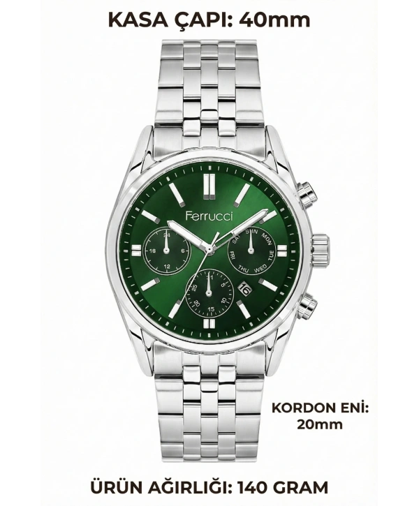 Takvimli Erkek Kol Saati Çelik Kordon Gümüş-Yeşil Bileklik Hediyeli 3atm Sdfer193
