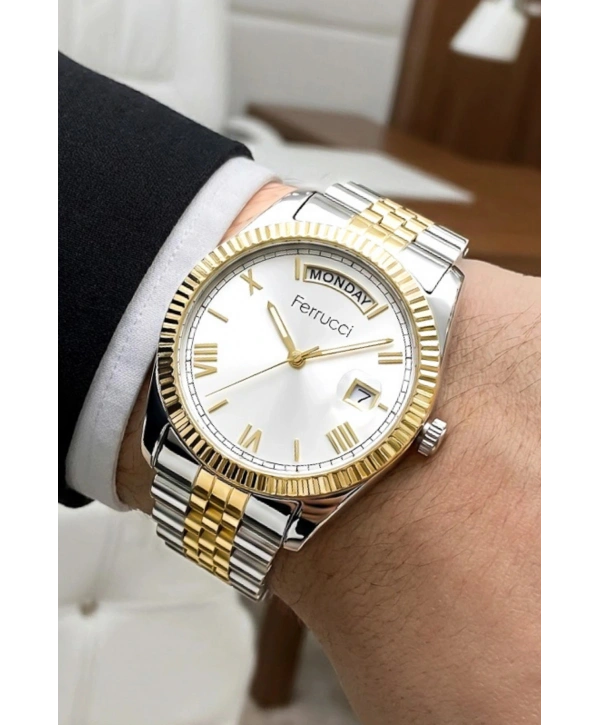 Takvimli Erkek Kol Saati Çelik jübile Kordon Gümüş-Gold Bileklik Hediyeli 3atm Sdfer194