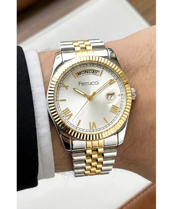 Takvimli Erkek Kol Saati Çelik jübile Kordon Gümüş-Gold Bileklik Hediyeli 3atm Sdfer194