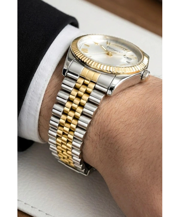Takvimli Erkek Kol Saati Çelik jübile Kordon Gümüş-Gold Bileklik Hediyeli 3atm Sdfer194