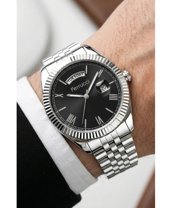 Takvimli Erkek Kol Saati Çelik jübile Kordon Gümüş-Siyah Bileklik Hediyeli 3atm Sdfer194